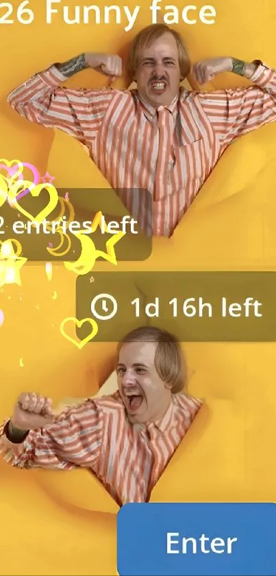 Humorous face bursting through a vibrant yellow background with countdown and entries text.