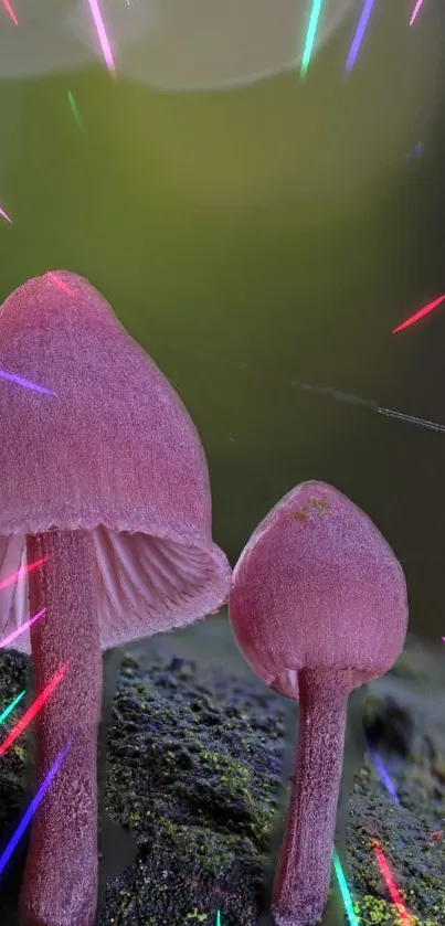 Vibrant pink mushrooms against a cosmic background.