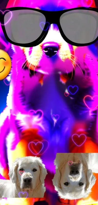 Funky dog art with glasses and colorful hearts on a vibrant background.