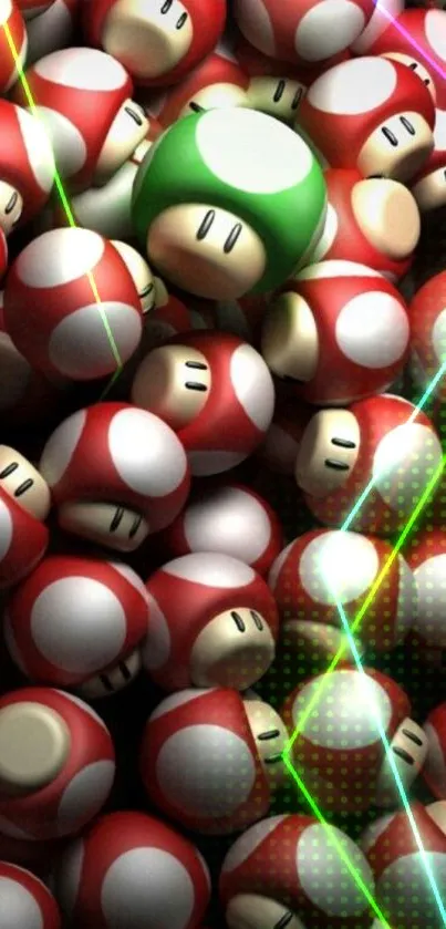 Vibrant mobile wallpaper with red mushrooms and green laser lights.