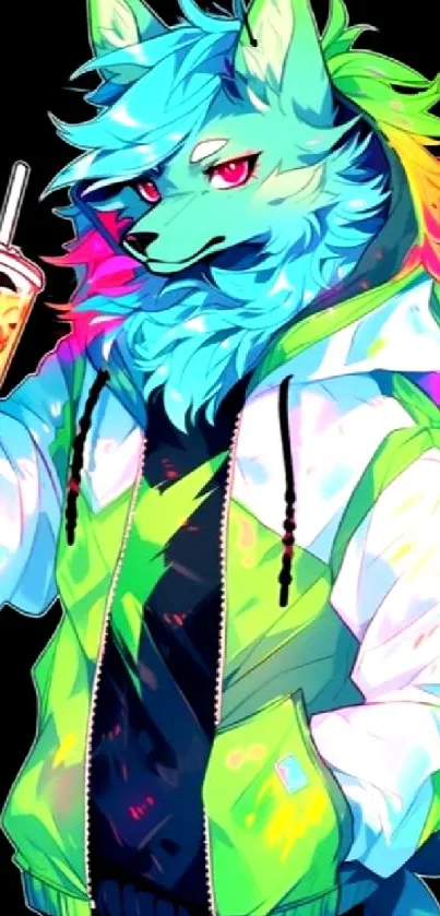 Vibrant furry character with a drink in colorful hues