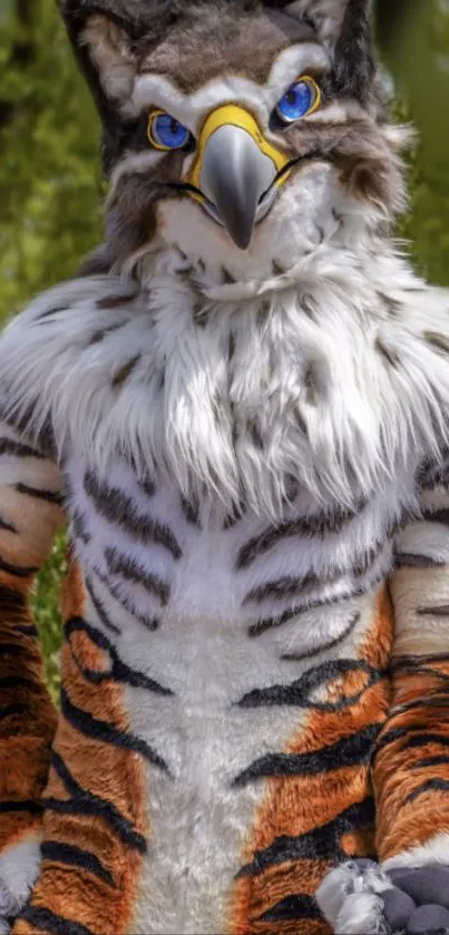 Vibrant furry creature with tiger stripes and bird features in a natural setting.