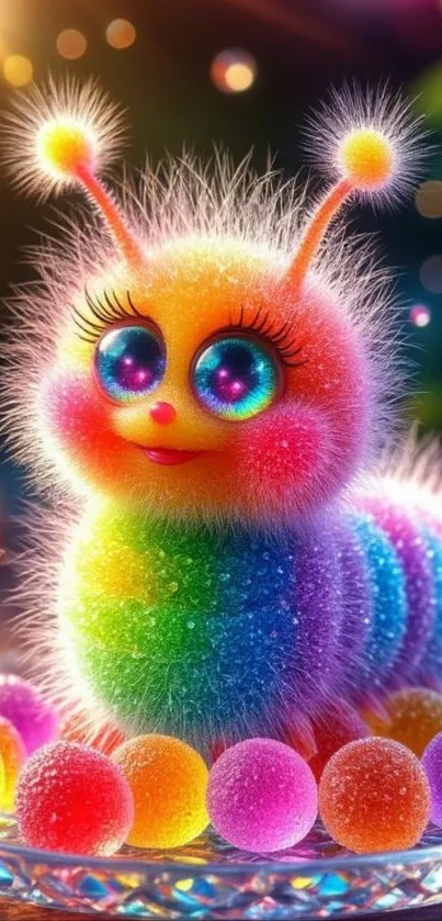 A vibrant, colorful furry creature with bright rainbow colors on a mobile wallpaper.