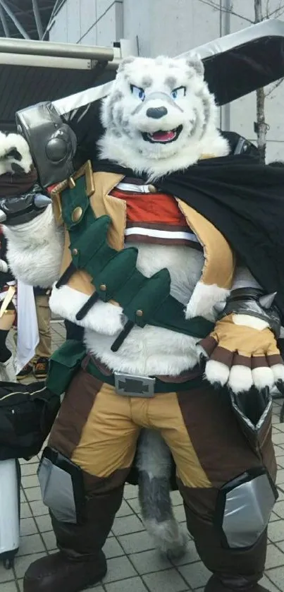 Furry warrior in intricate cosplay costume with sword, standing outdoors.