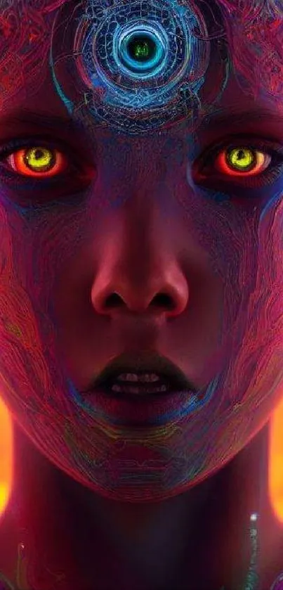 Futuristic portrait with neon colors and AI elements.