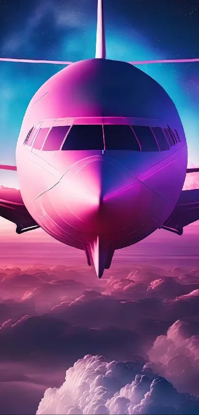 Futuristic airplane flying through neon pink clouds.