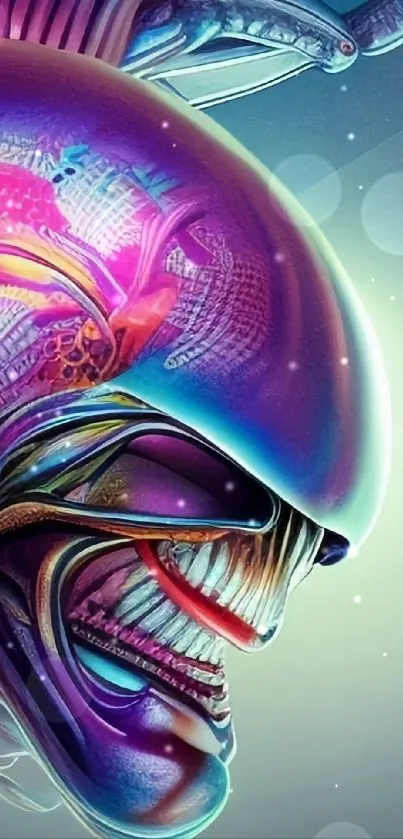 Futuristic alien with vibrant, colorful design in digital art style.