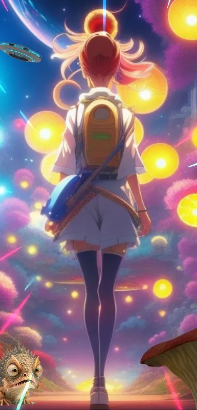 Anime traveler in vibrant fantasy realm with glowing lights.