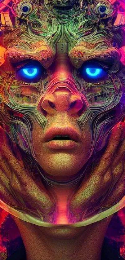 Futuristic abstract face with neon and glowing blue eyes in vibrant colors.