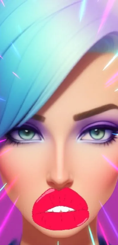 Vibrant futuristic avatar with neon colors on a purple background.