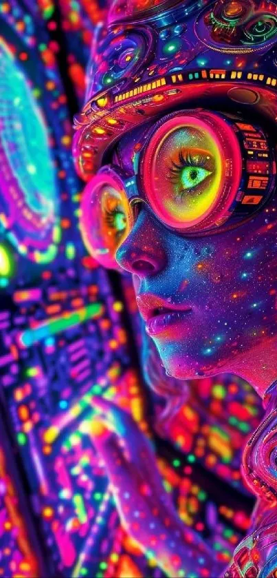 Futuristic neon sci-fi art on vibrant wallpaper.
