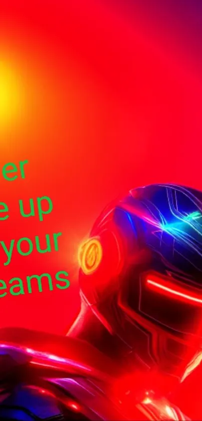 Futuristic neon helmet wallpaper with motivational quote.