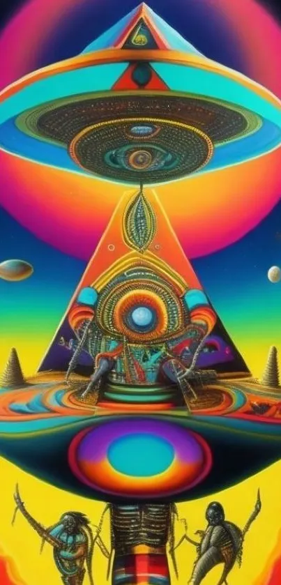 Vibrant cosmic abstract art with UFO and humanoid figures.