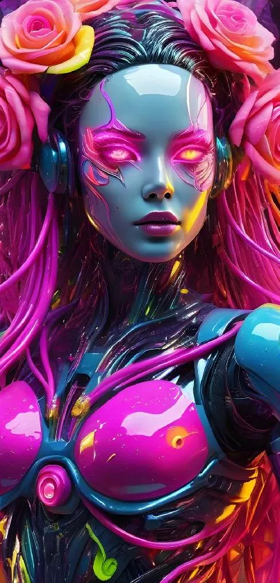 Futuristic art depiction of a cybernetic being with neon colors and flowers.