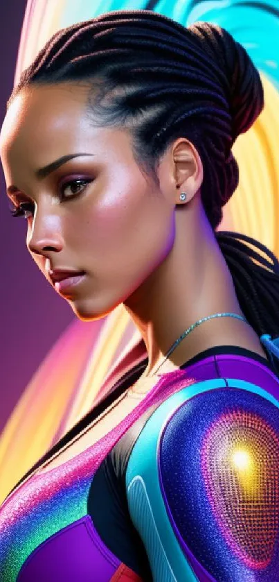 Futuristic woman with neon wings and braids in a vibrant art wallpaper.