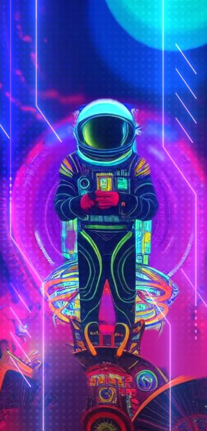 Colorful neon astronaut with vibrant background.