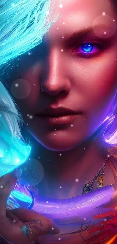 Futuristic avatar with vibrant colors and neon elements on wallpaper.