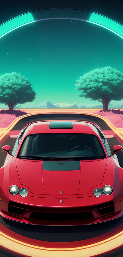 Red sports car in neon futuristic landscape with surreal trees.