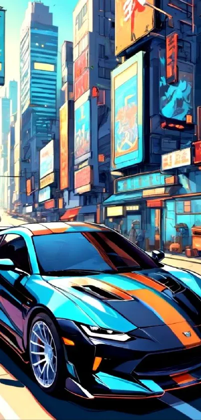 Futuristic sports car in neon-lit cityscape.