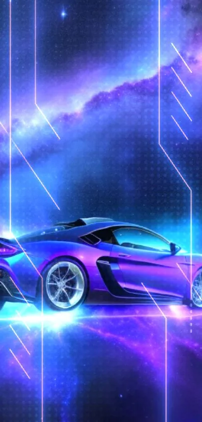 Futuristic purple car with cosmic background wallpaper.