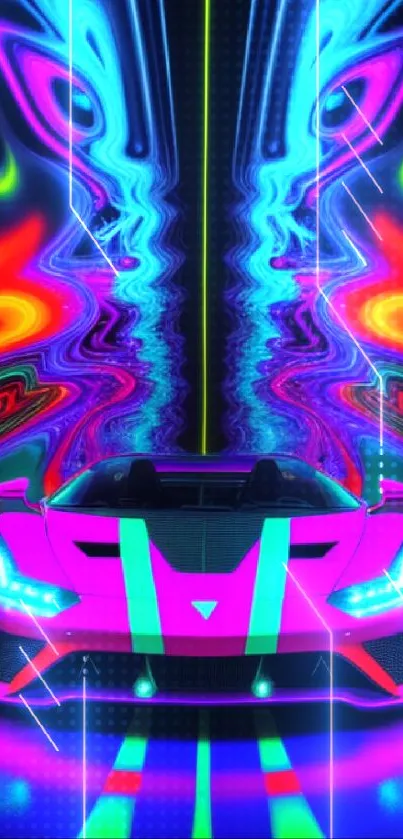 Vibrant neon sports car in colorful abstract background wallpaper.