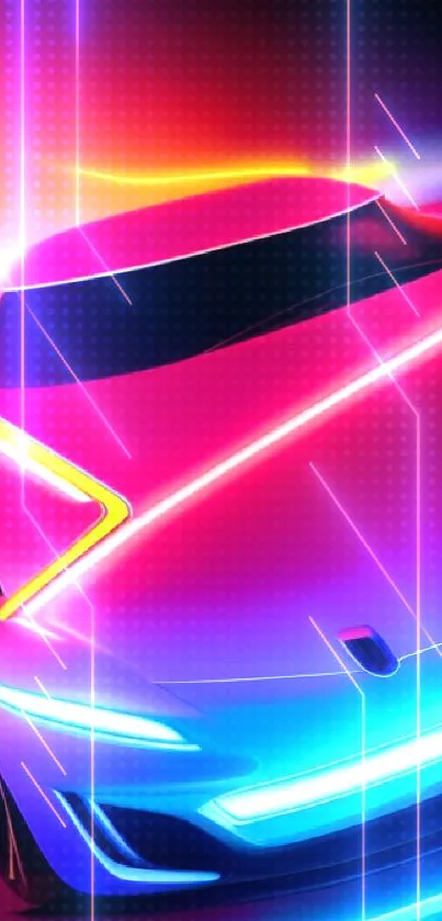 Futuristic car with neon colors and sleek design on mobile wallpaper.