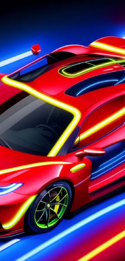 Futuristic red sports car with neon lights on mobile wallpaper.