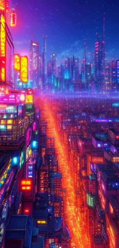 Futuristic cityscape with neon lights and skyscrapers at night.