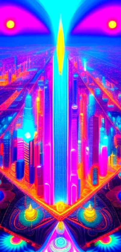 Futuristic neon cityscape illustration with vibrant colors and abstract design.