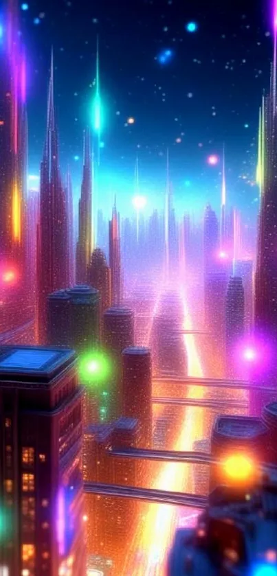 Colorful futuristic cityscape with neon lights and tall buildings.
