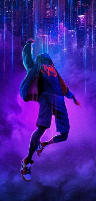 Dynamic figure jumping in neon cityscape with vibrant purple hues.