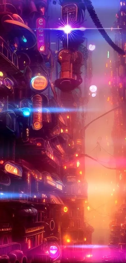 Futuristic cityscape with vibrant neon lights and cyberpunk vibes.