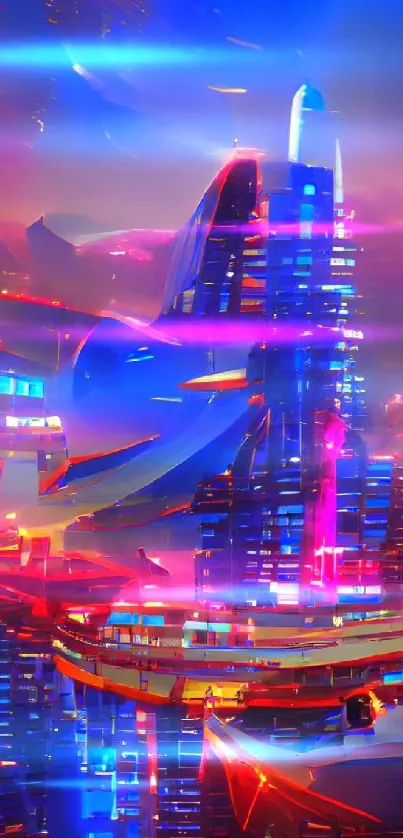 Vibrant futuristic cityscape with neon lights in abstract design.