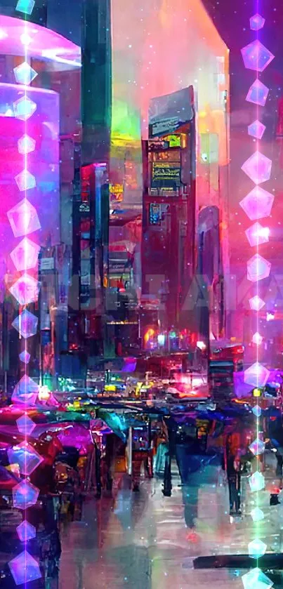 Futuristic cityscape with neon lights and flying cars, vibrant and colorful.