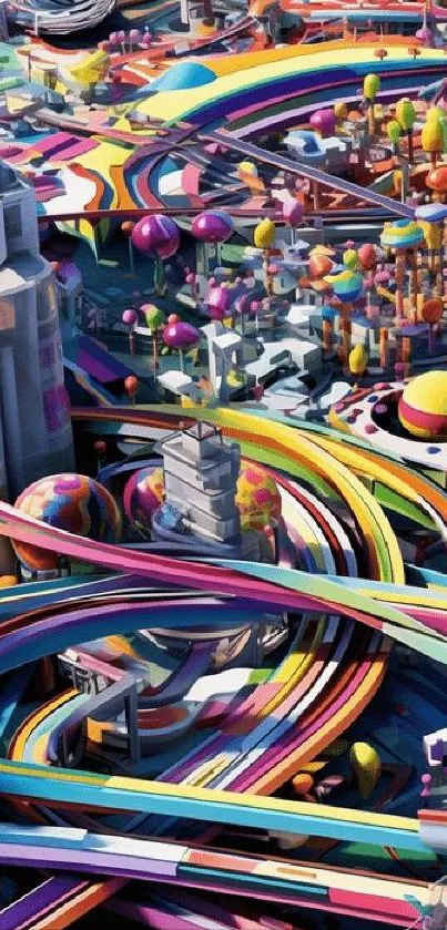 A vibrant and colorful sci-fi cityscape with futuristic architecture.