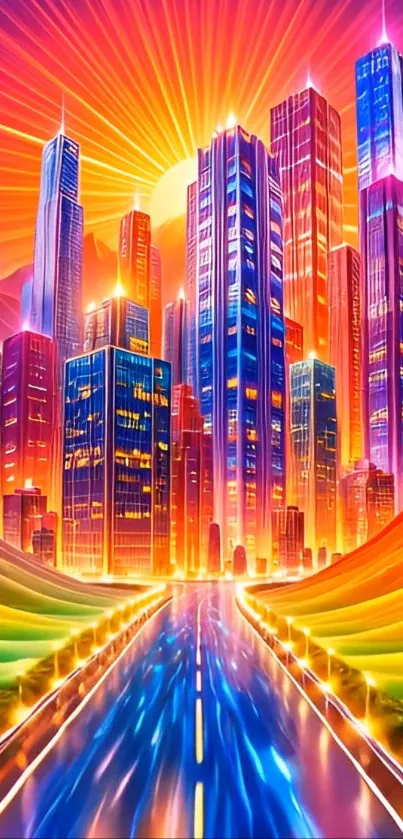 Vibrant futuristic cityscape with colorful skyscrapers and neon lights.