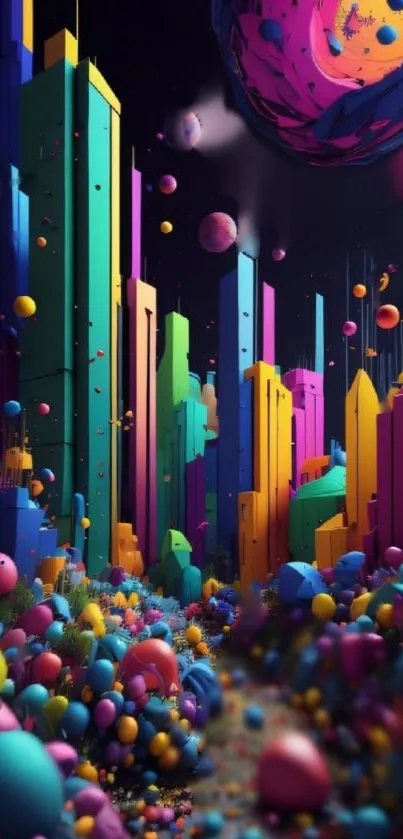 Futuristic cityscape with vibrant colors and cosmic elements.