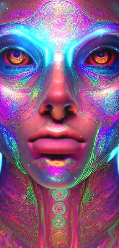 Futuristic neon digital art with vibrant colors and a sci-fi face design.