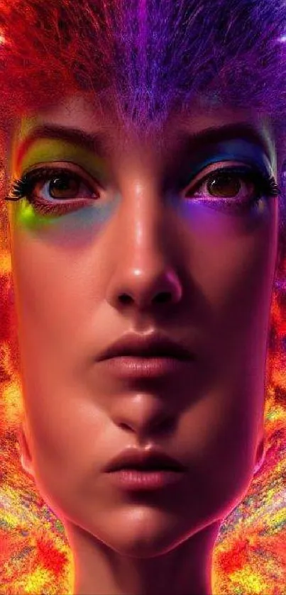 Vivid, futuristic digital face art with vibrant neon colors.