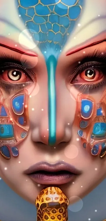 Abstract futuristic face art with vibrant colors and intricate designs.