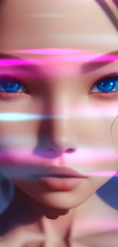 Futuristic face with blue eyes and glowing pink lights.