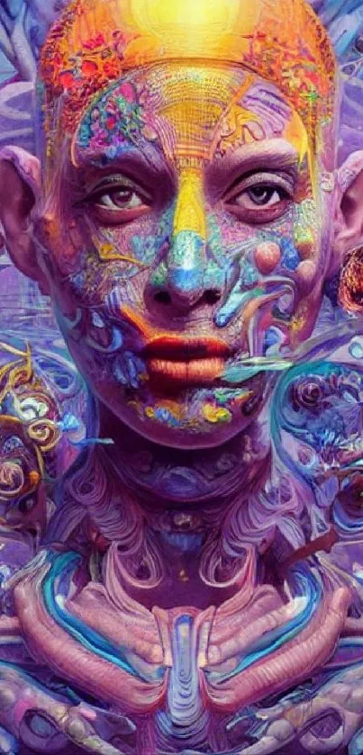 Futuristic digital face with vibrant colors and intricate artwork.