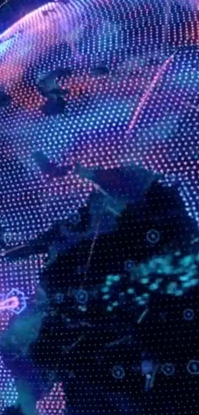 Futuristic neon globe with digital patterns in vibrant blue and pink hues.