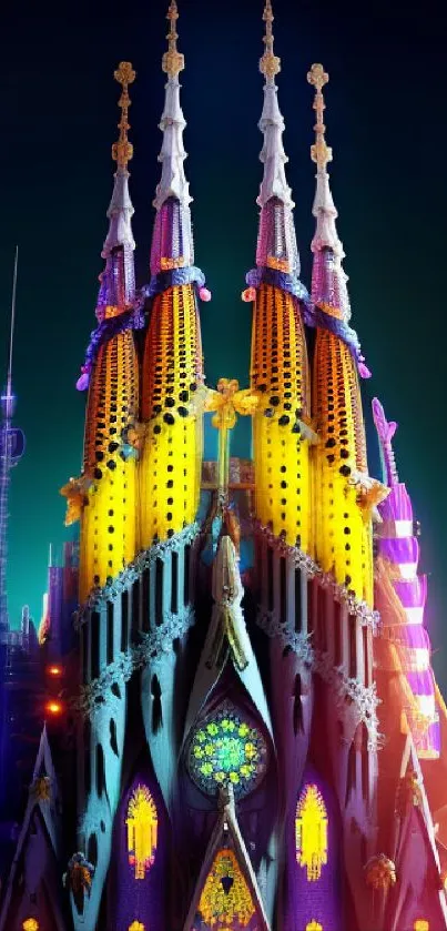 Vibrant gothic towers with neon lights.