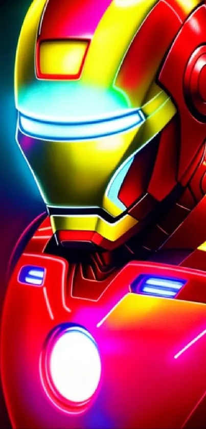 Futuristic helmet in vibrant red and yellow with glowing elements.