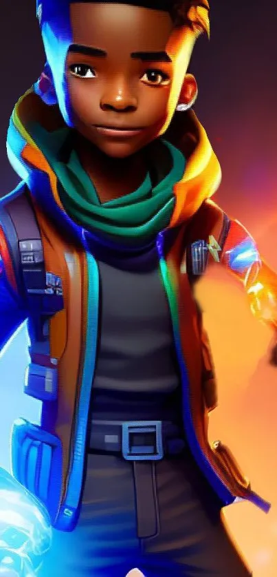 Futuristic hero with colorful glow on mobile wallpaper.