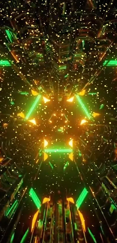 Futuristic green and orange lights wallpaper with a starry effect.