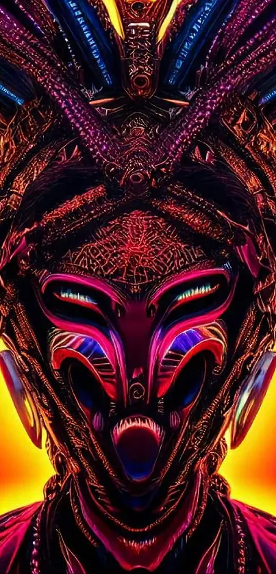 Futuristic surreal mask art with neon colors and intricate design.