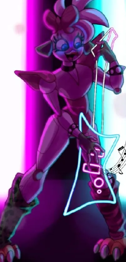 Futuristic character with neon guitar in vibrant wallpaper.