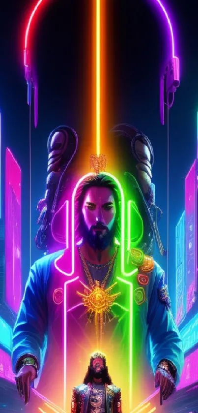 Futuristic neon digital art with vibrant colors and illuminated figures.